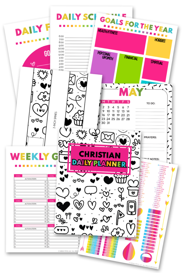 This image displays several colorful pages from a "Christian Daily Planner" set. The central page prominently shows the title "Christian Daily Planner" against a doodle-like black-and-white background featuring hearts, stars, and other simple designs. Other visible pages include a "Goals for the Year" section divided into categories like health/fitness, personal growth, and financial goals, a "Daily Schedule" with time slots from 6:00 AM to 9:00 PM, a "May" monthly calendar with a to-do list, and a "Weekly Goals" sheet. There are also spine label designs and a colorful list of months and holidays.