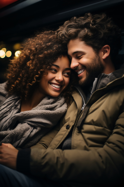 A cozy image of a smiling couple snuggled close together, wrapped in warm clothing. The woman has curly hair and a radiant smile, while the man has a beard and a content expression, as they share a warm hug against a softly lit, blurred background.