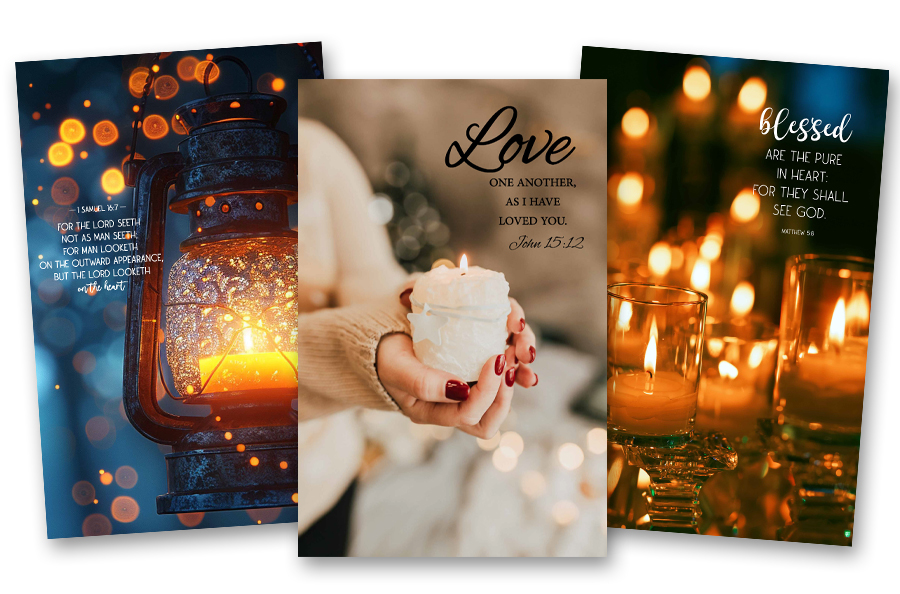 The image features three church bulletin designs with candle themes and accompanying Bible verses. The first design shows a glowing lantern surrounded by bokeh lights with the verse "For the Lord seeth not as man seeth... but the Lord looketh on the heart" (1 Samuel 16:7). The second design features a close-up of a hand holding a lit white candle, with the verse "Love one another, as I have loved you" (John 15:12) overlayed in elegant script. The third design depicts a row of glowing votive candles, accompanied by the verse "Blessed are the pure in heart: for they shall see God" (Matthew 5:8). Each design emphasizes warmth, faith, and reflection.