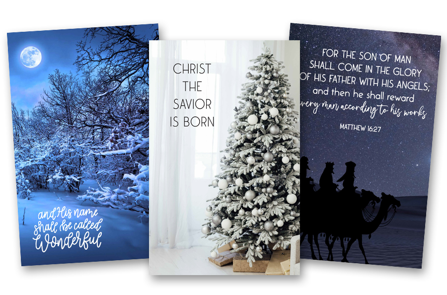 This image displays three Christmas-themed designs for church bulletins. The first features a snowy forest under a full moon, with the text, "And His name shall be called Wonderful." The second shows an elegantly decorated white Christmas tree in a bright room with the words, "Christ the Savior is Born." The third depicts the silhouette of the three wise men on camels against a starry night sky, accompanied by the verse, "For the Son of Man shall come in the glory of His Father with His angels; and then He shall reward every man according to his works. Matthew 16:27.