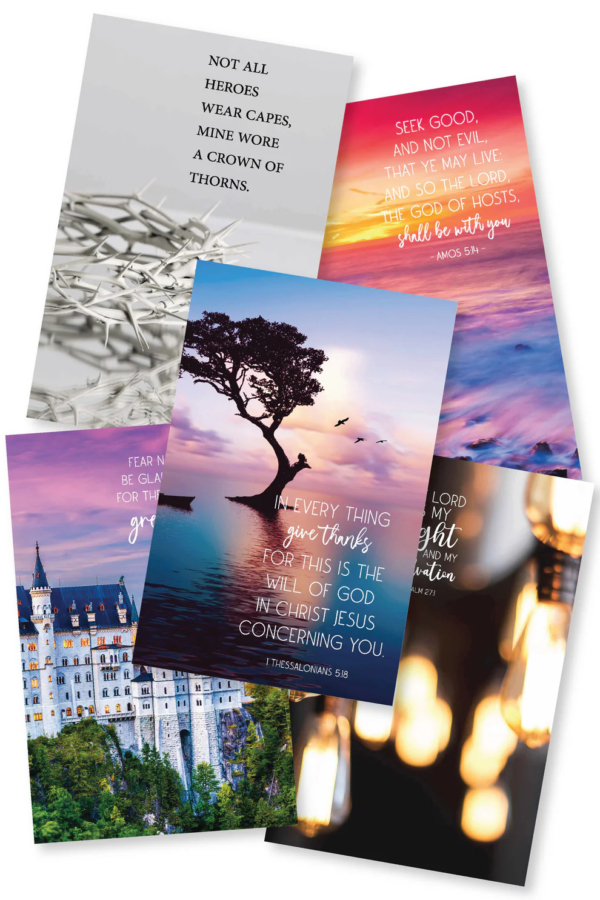 This image showcases a collection of colorful church bulletin covers with various Christian themes and Bible verses. Each design features inspiring text, such as "Not all heroes wear capes, mine wore a crown of thorns" and Scripture references like Amos 5:14 and 1 Thessalonians 5:18, over scenic backgrounds, including sunsets, a castle, and a silhouette of a tree over water. The layouts blend spiritual encouragement with striking visuals to convey hope and faith.