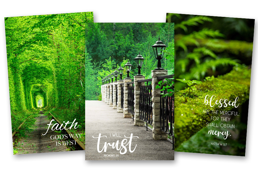 A collage of three Christian-themed nature designs. The first features a lush green tunnel with the text 'Faith, God's way is best.' The second shows a serene stone pathway with black lanterns and the text 'I will trust - Proverbs 3:5.' The third depicts a close-up of moss and ferns with the verse 'Blessed are the merciful: for they shall obtain mercy - Matthew 5:7.' Each design emphasizes faith and scripture surrounded by vibrant greenery.