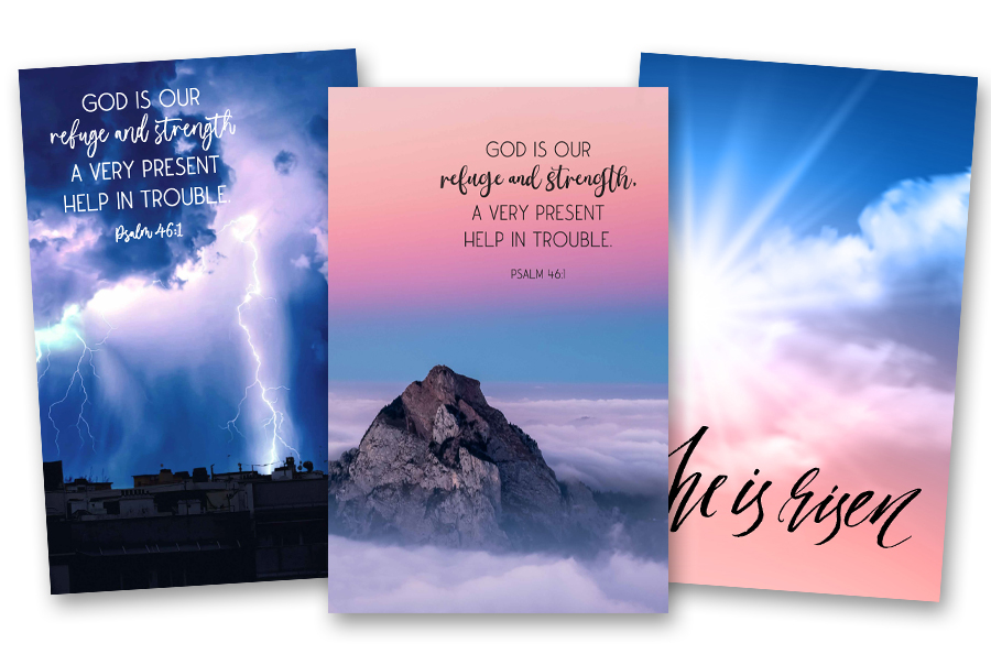 Three traditional church bulletin designs with sky-themed backgrounds. The first features a stormy sky with lightning and the verse 'God is our refuge and strength, a very present help in trouble' (Psalm 46:1). The second has a serene mountain peak surrounded by clouds against a pastel sky, with the same Psalm 46:1 text. The third shows a bright sky with sun rays breaking through clouds, overlaid with the text 'He is risen.'