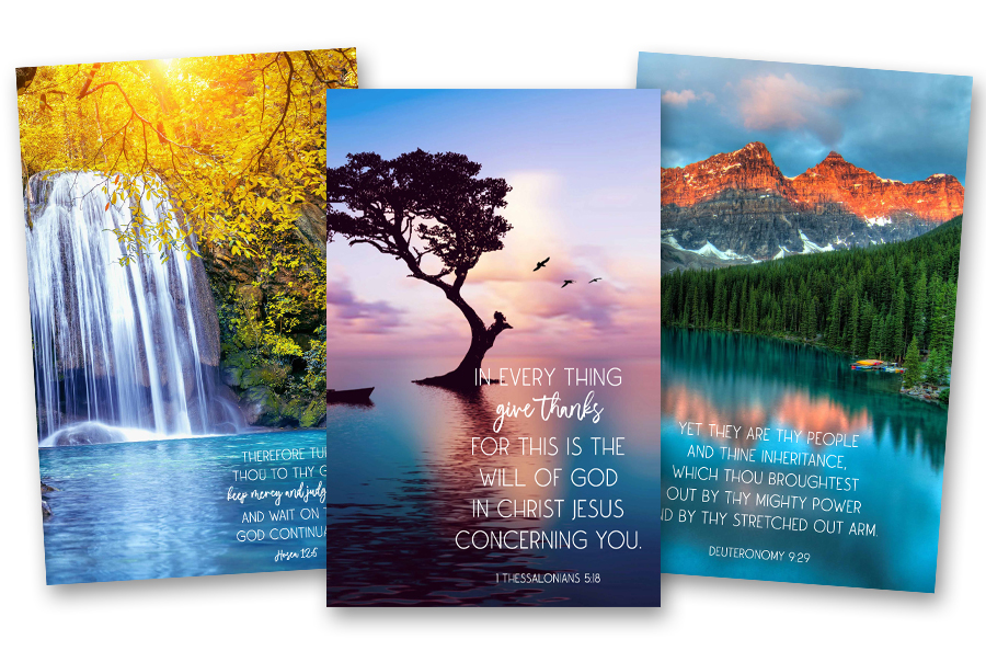 This image shows three designs for traditional church bulletins featuring scenic nature backdrops paired with Bible verses. The first design depicts a waterfall surrounded by golden foliage, paired with Hosea 12:6. The second showcases a lone tree silhouetted against a vibrant sunset sky with 1 Thessalonians 5:18. The third features a serene alpine lake and mountain peaks, paired with Deuteronomy 9:29.